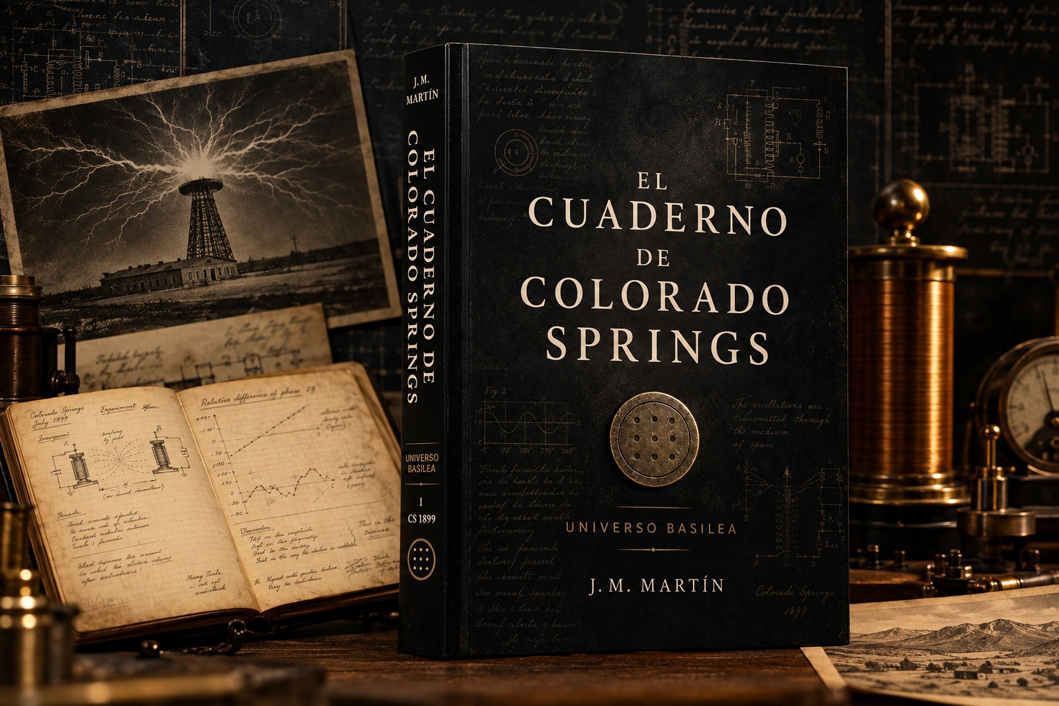 Portada de El Cuaderno de Colorado Springs, novela de J. M. Martín inspirada en los experimentos de Nikola Tesla en Colorado Springs en 1899